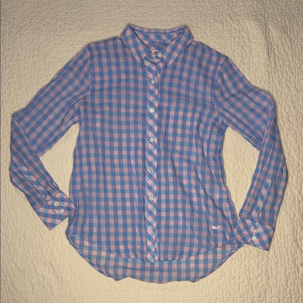Blue and Pink Checkered Button-Up Shirt